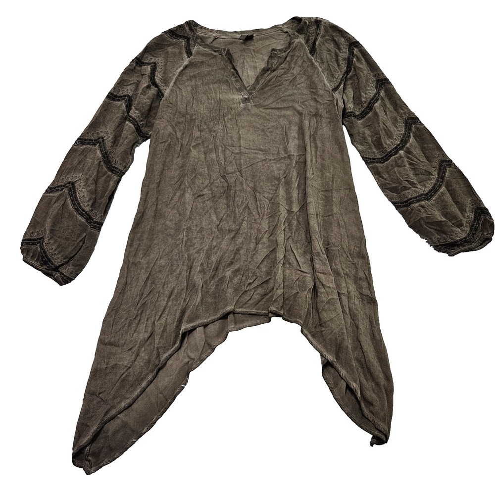 XCVI Womens Olive Brown Boho Peasant Lace Trim Sharkbite Hem Tunic Top Sz L